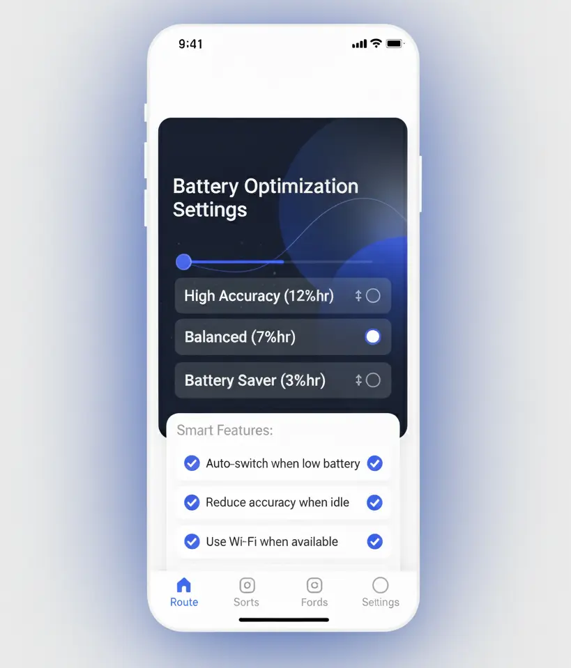 Settings card showing tracking mode options—High Accuracy 12%/hr, Balanced 7%/hr (selected), Battery Saver 3%/hr—smart features with three checked options, and battery status at 67% with 5.2 hours remaining.