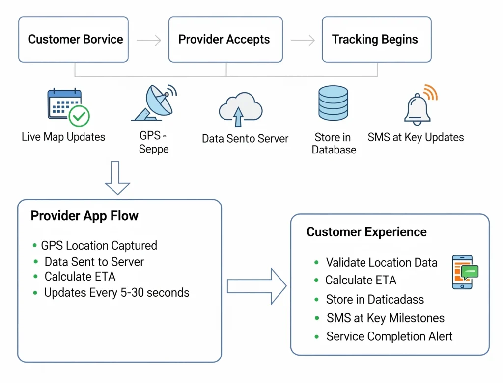 Flowchart showing customer booking journey with provider app flow, server processing, and customer experience in real-time tracking.
