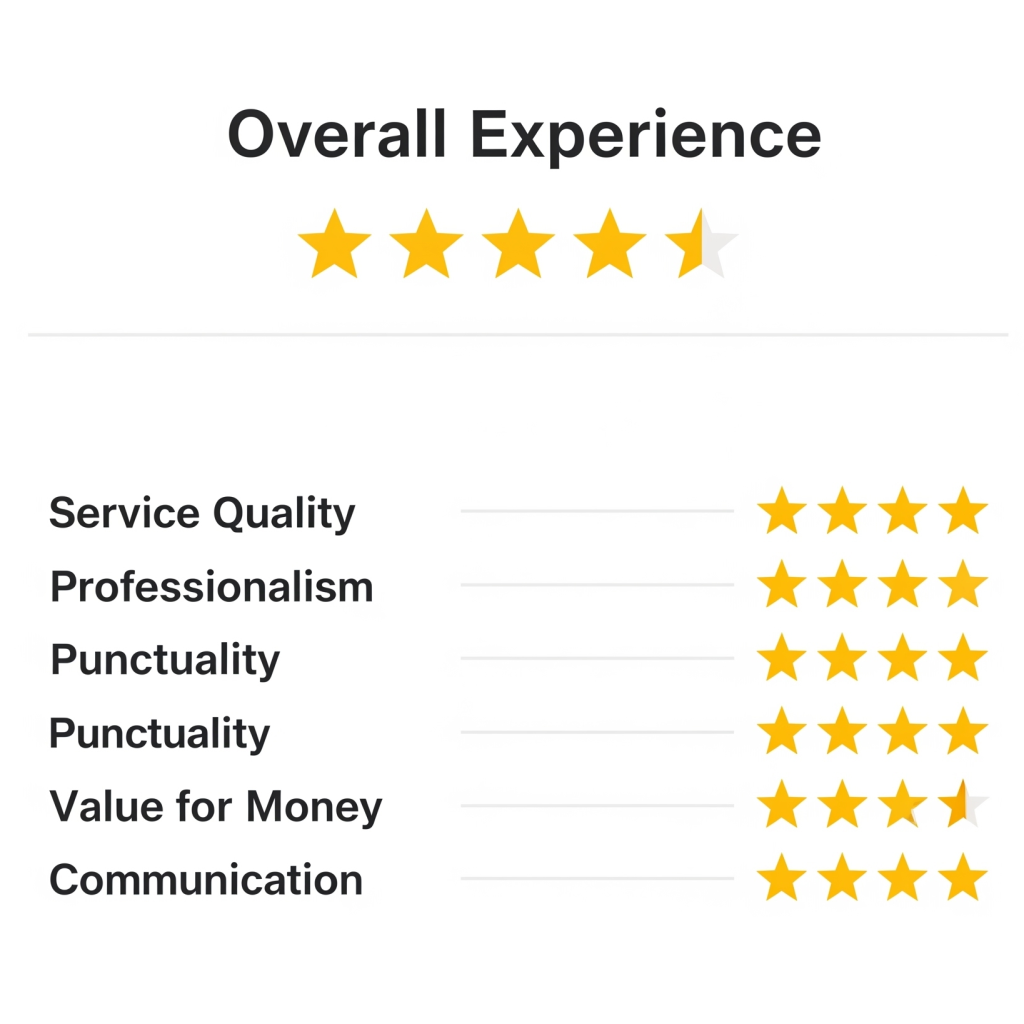 Card showing five-star ratings for overall experience and subcategories: service quality, professionalism, punctuality, value for money, and communication.