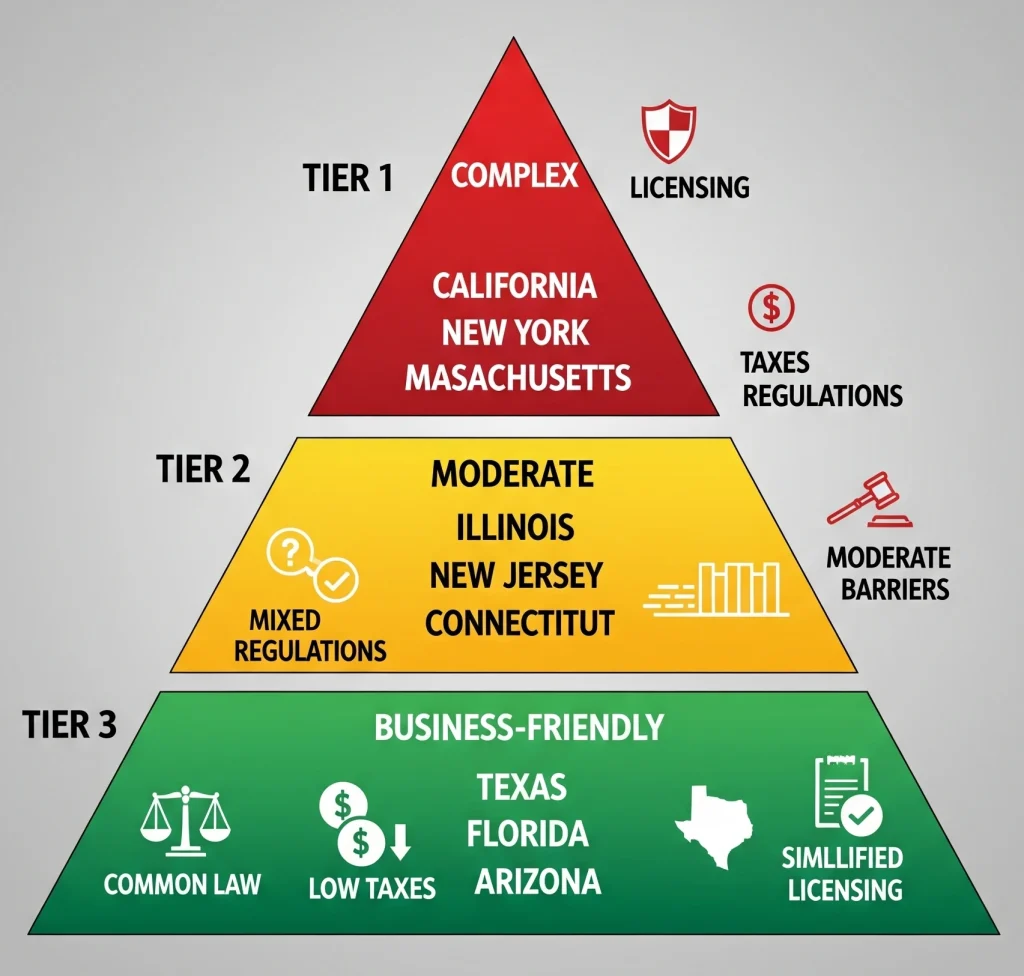 Three-tier pyramid chart showing state compliance complexity levels for service platforms. Tier 1 (Complex) in red lists California, New York, and Massachusetts with strict licensing, high taxes, and regulations. Tier 2 (Moderate) in yellow lists Illinois, New Jersey, and Connecticut with mixed regulations and moderate barriers. Tier 3 (Business-Friendly) in green lists Texas, Florida, and Arizona with common law, low taxes, and simplified licensing.
