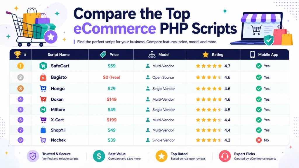 Comparison scorecard of the best eCommerce PHP scripts