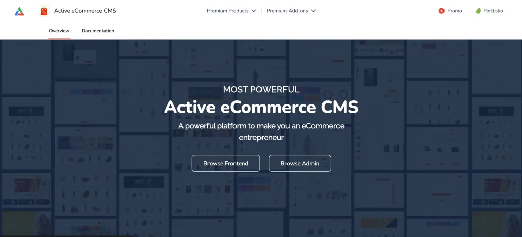 Screenshot of Active eCommerce CMS Laravel dashboard and storefront