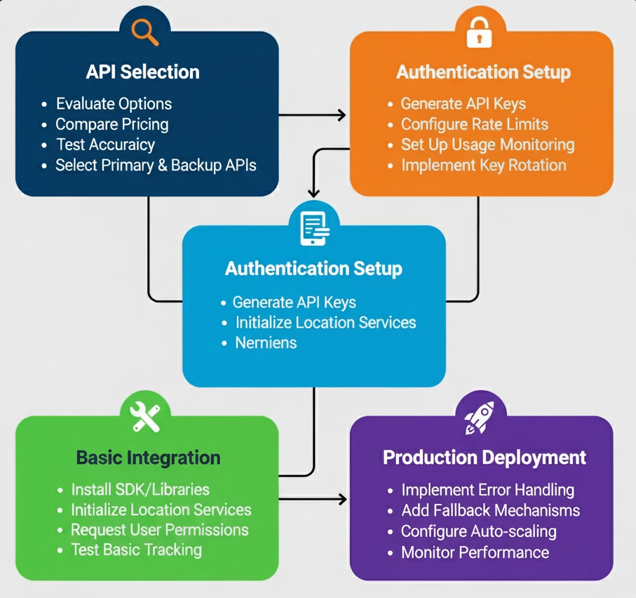 Flowchart showing four steps of API integration: selection, authentication setup, basic integration, and production deployment.