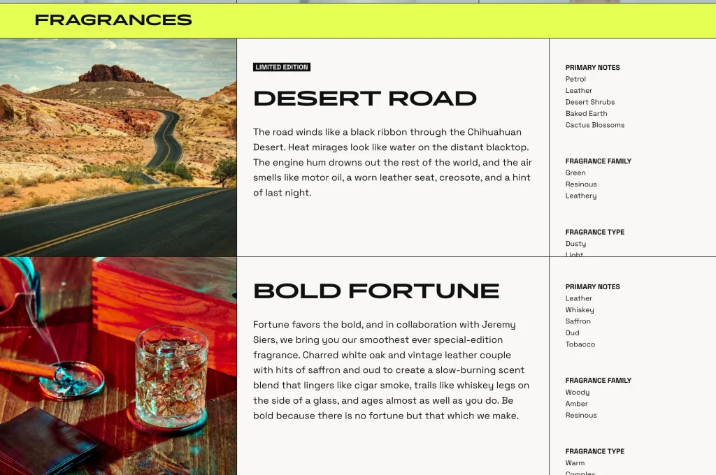 Beardbrand blog section showing fragrance articles with integrated product recommendations demonstrating content-commerce strategy in ecommerce website design