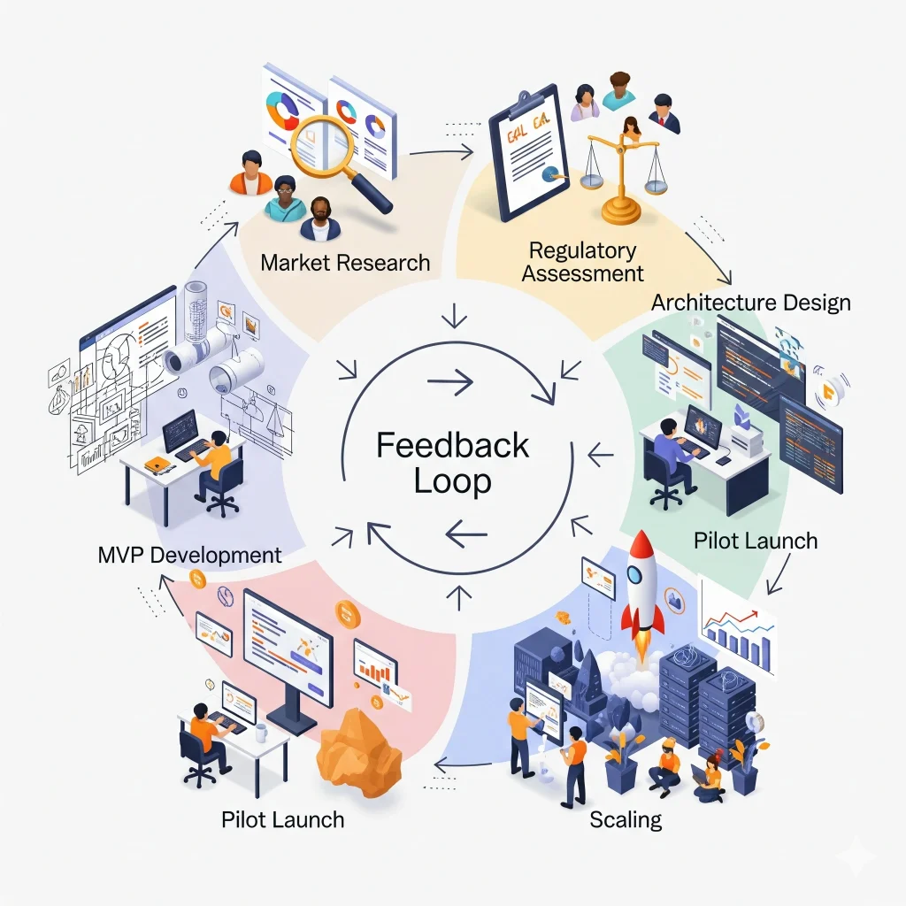 Engaging flowchart of the complete platform development journey showing steps from market research to national platform with compliance and business layers.