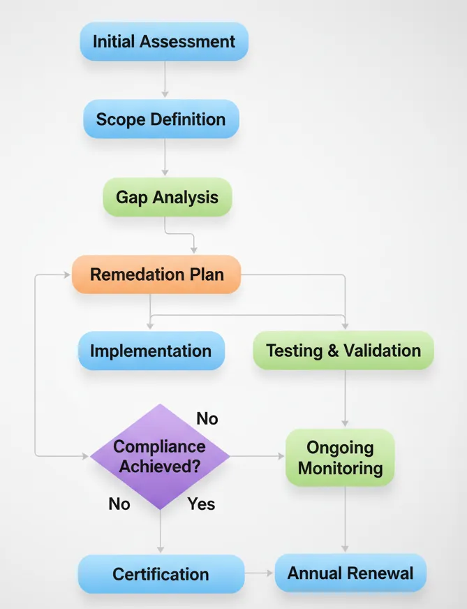 Compliance process flowchart showing steps from initial assessment and scope definition through gap analysis, remediation, implementation, testing, validation, certification, and annual renewal.