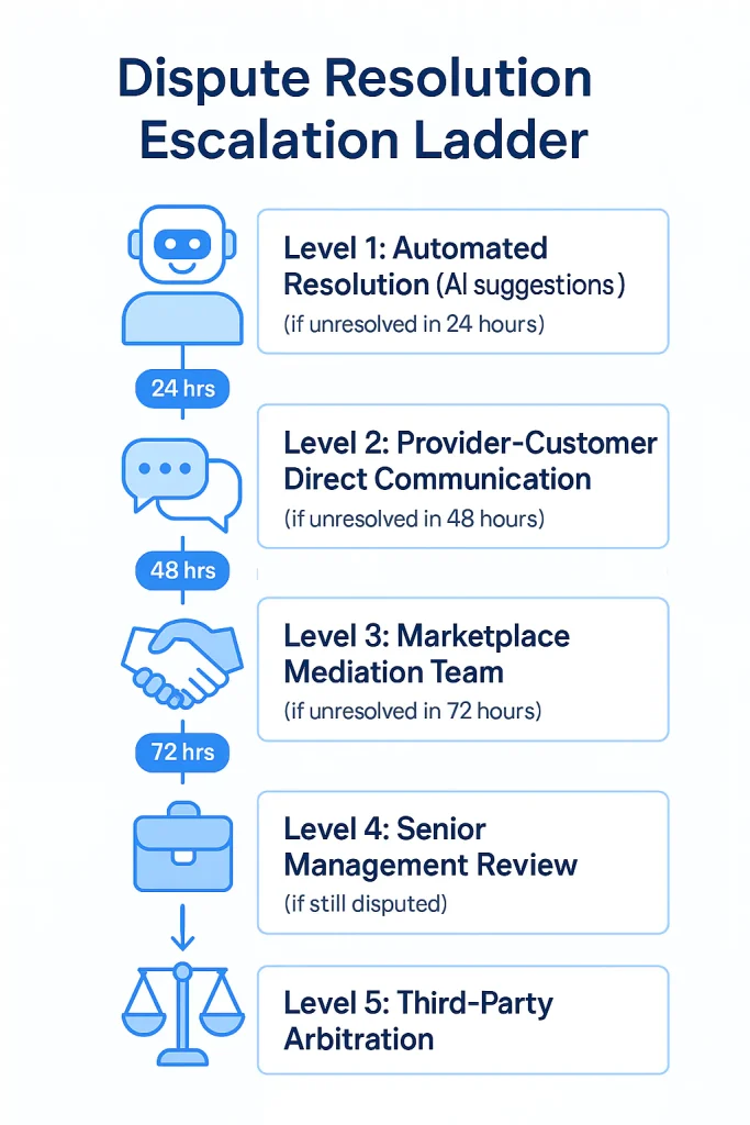 Vertical flow showing five dispute-resolution levels: Automated Resolution (AI), Provider–Customer communication, Marketplace Mediation, Senior Management Review, and Third-Party Arbitration with 24/48/72-hour thresholds.