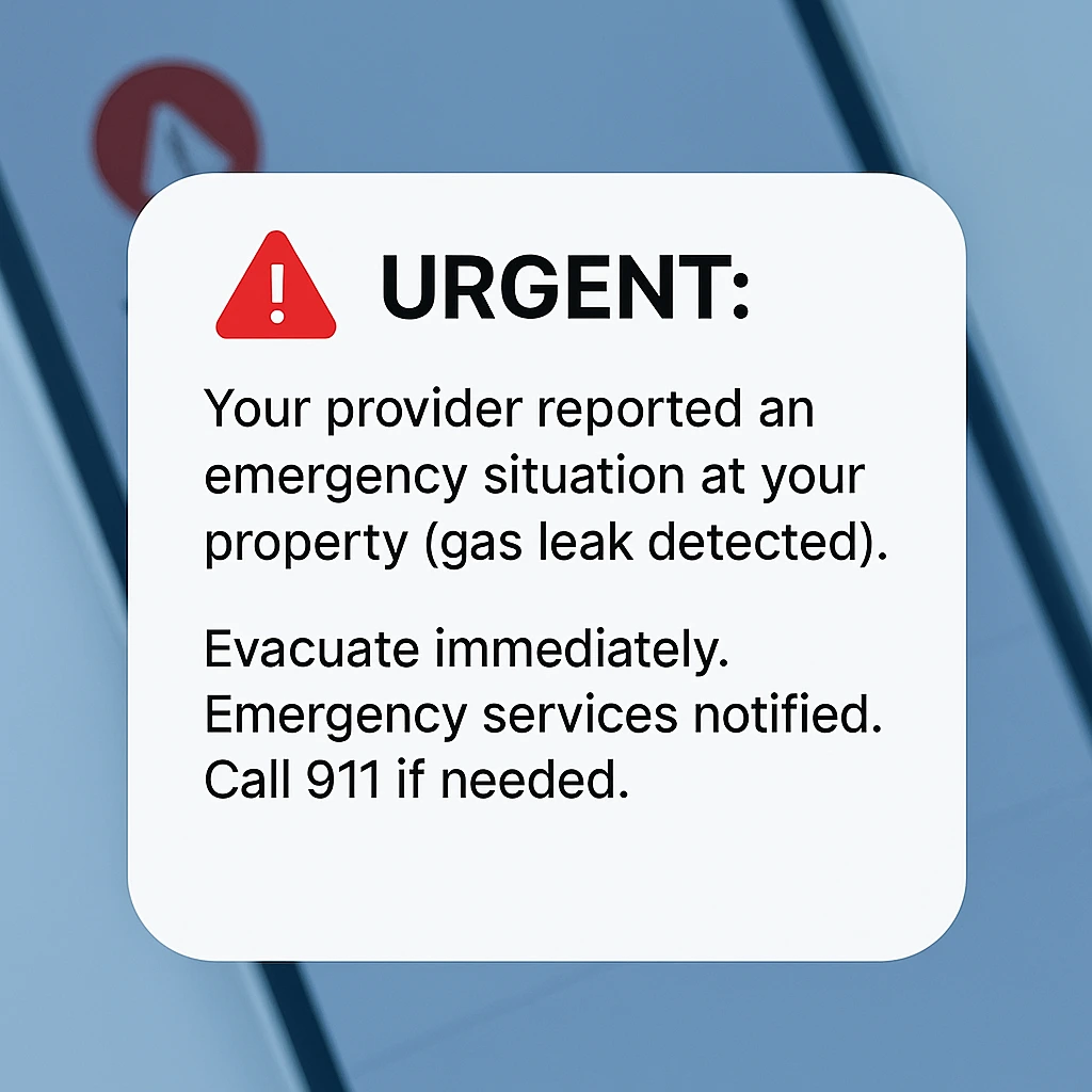Emergency notification card warning of a gas leak with instructions to evacuate immediately and call 911.