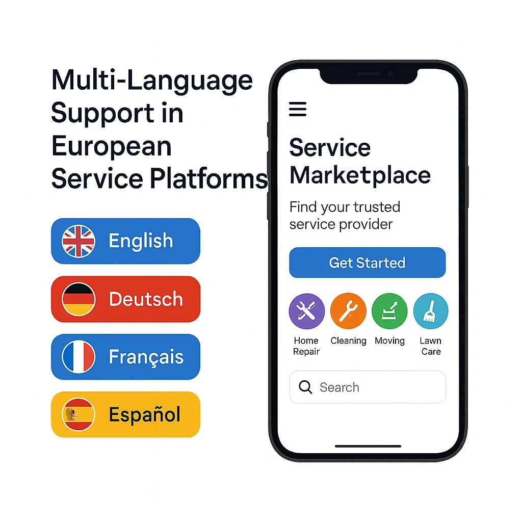 Multi-language interface for European on-demand service marketplace with mobile mockup and language selection buttons
