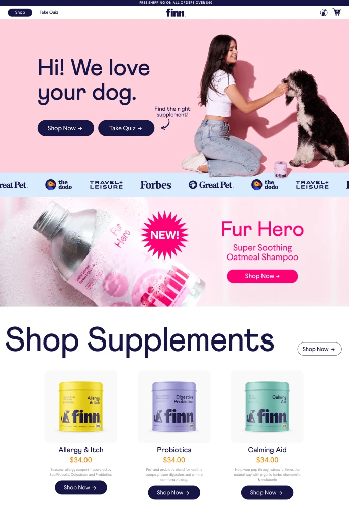 Finn pet supplements homepage showing interactive quiz with illustrated dogs for personalized product recommendations