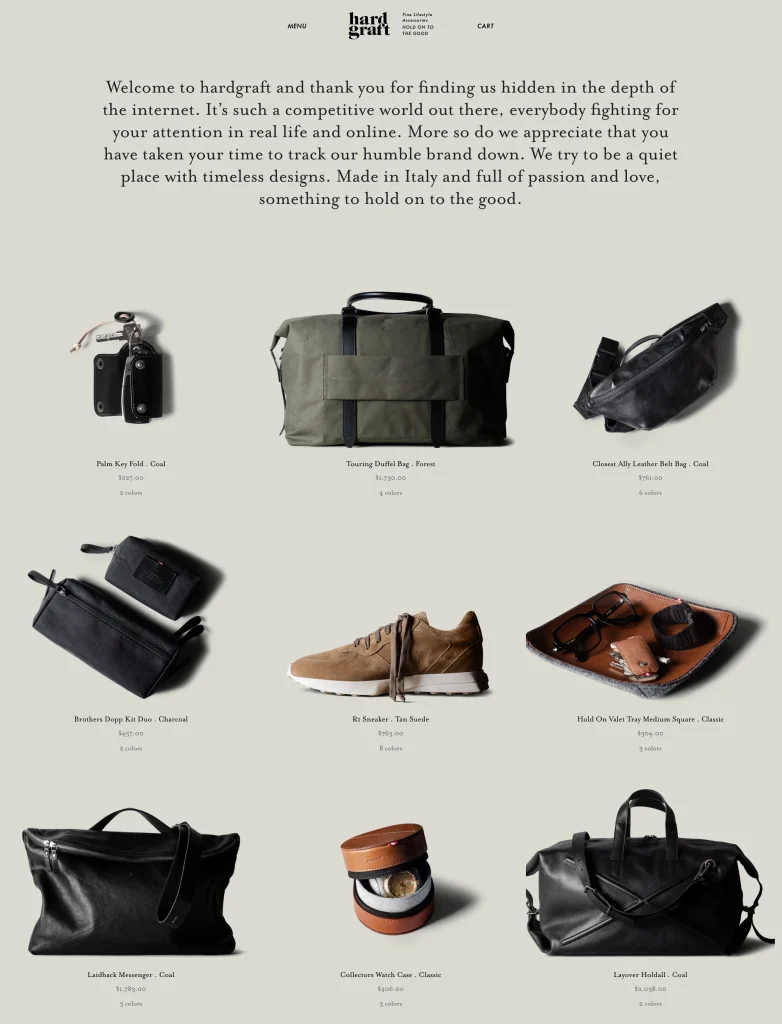 Hardgraft homepage showing minimalist design with leather goods on neutral background demonstrating luxury ecommerce website design