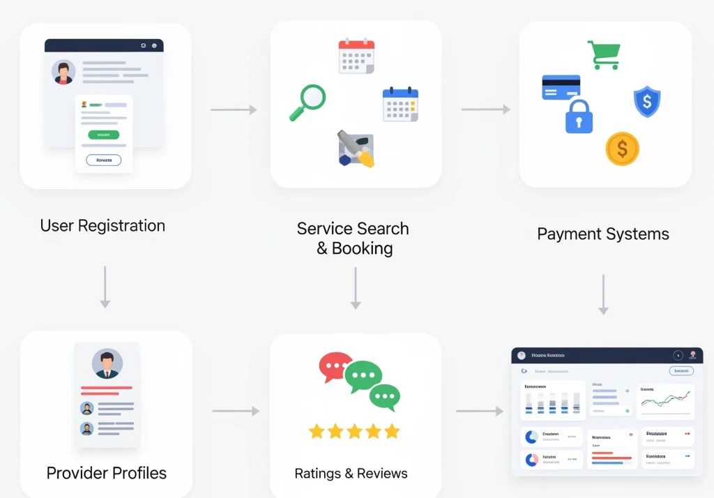 Home services marketplace development features overview Title: Essential Features for Home Services Marketplace Development Caption: Complete feature set for home services marketplace development platform