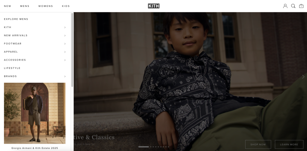 KITH homepage showing expanded mega menu with organized categories including footwear, apparel, accessories, and brands for simplified navigation