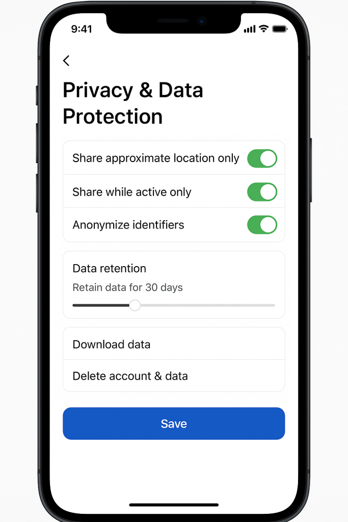 Real-time tracking systems service platforms privacy controls