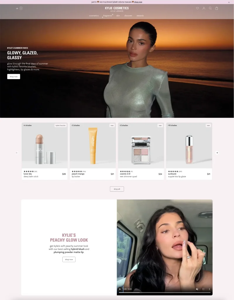 Kylie Cosmetics homepage featuring Kylie Jenner hero image and curated product selections demonstrating celebrity endorsement in ecommerce design