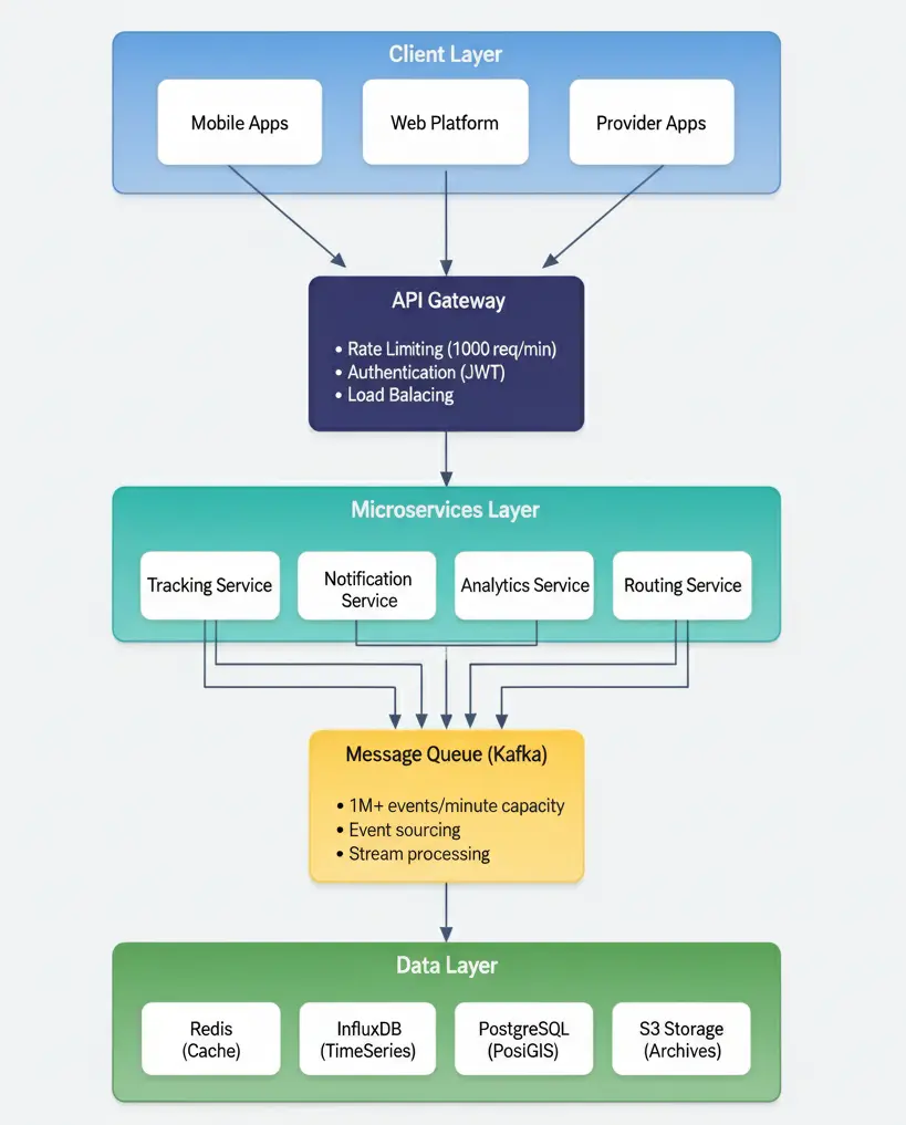 Diagram showing a layered system: Client Layer (Mobile Apps, Web Platform, Provider Apps) flowing to an API Gateway (rate limiting 1000 req/min, JWT auth, load balancing), then to Microservices (Tracking, Notification, Analytics, Routing), then Message Queue (Kafka: 1M+ events/min, event sourcing, stream processing), and finally the Data Layer (Redis cache, InfluxDB time series, PostgreSQL/PostGIS, S3 storage)