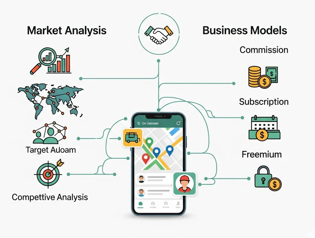 Header graphic for market analysis and business models in on-demand service marketplace development