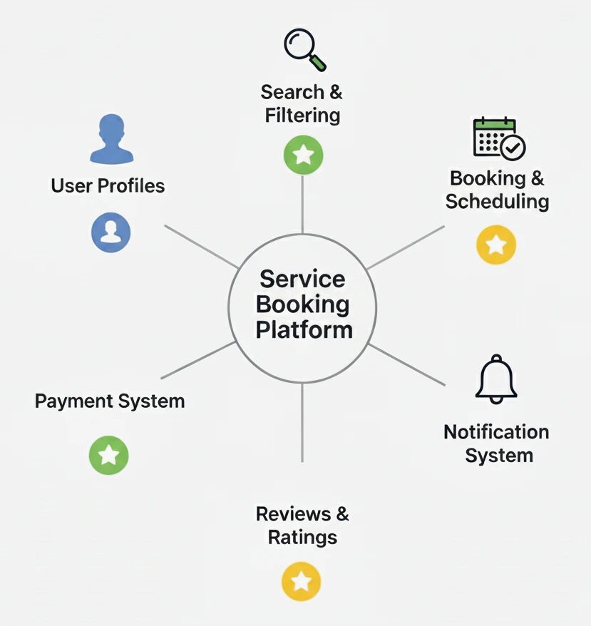 Infographic illustrating the comprehensive feature set of on-demand service marketplace development