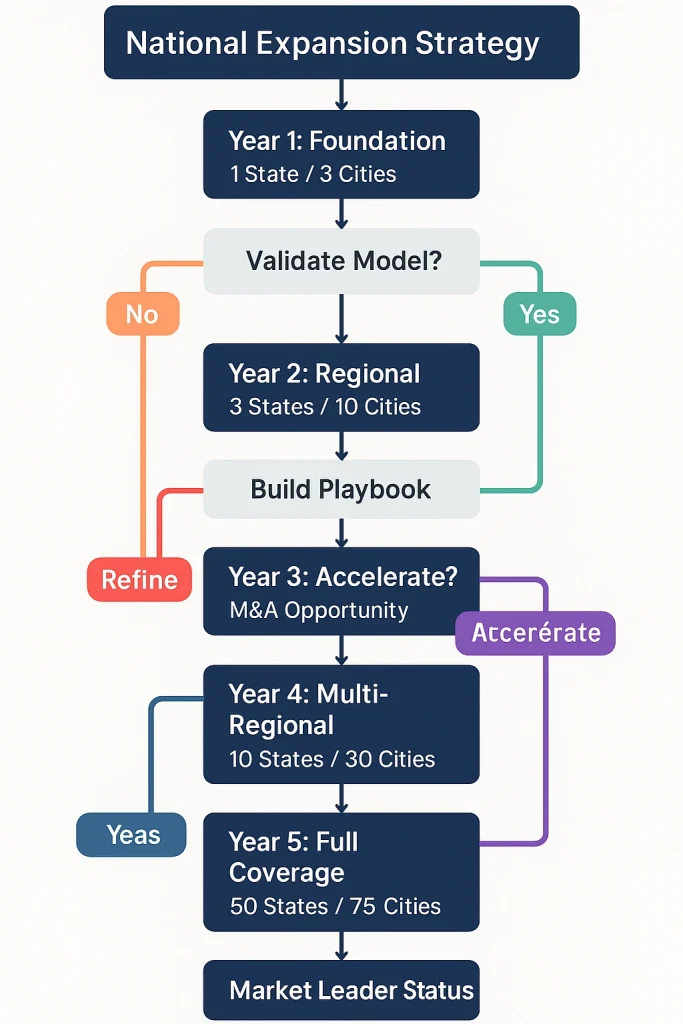 National expansion strategy flowchart showing a five-year roadmap from foundation to full coverage. Includes stages: Year 1 Foundation, model validation with refine loop, Year 2 Regional, playbook building, Year 3 Multi-Regional with M&A decision for acceleration or organic growth, Year 4 Near-National, Year 5 Full Coverage, and Market Leader Status.