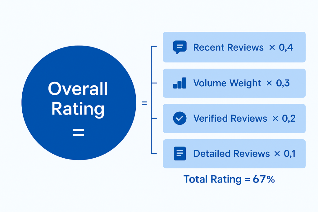 Blue-themed infographic showing Overall Rating calculated by weighted factors: Recent Reviews × 0.4, Volume Weight × 0.3, Verified Reviews × 0.2, Detailed Reviews × 0.1.