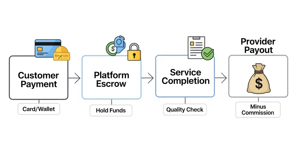 Payment flow infographic showing customer payment to escrow, service completion, and provider payout with commission deduction