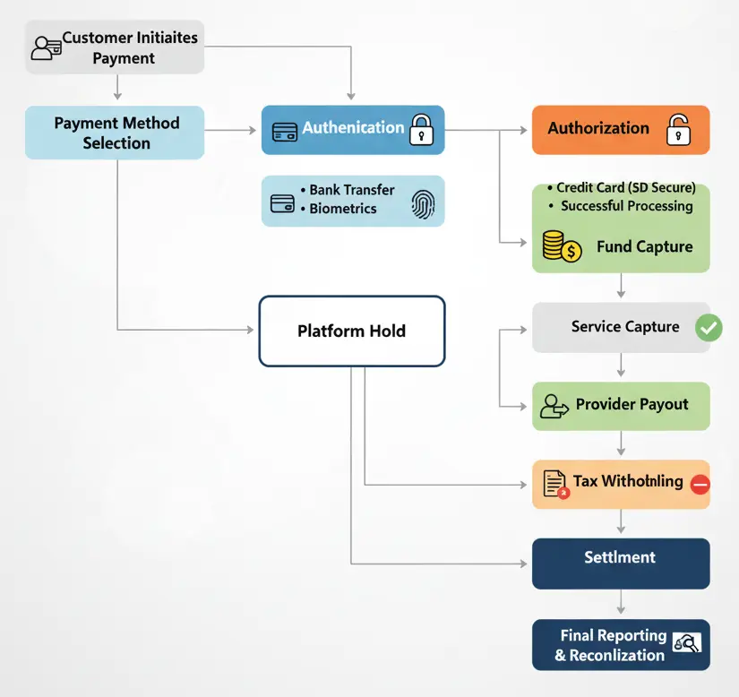 Payment process flowchart showing steps from customer payment initiation through authentication, authorization, fund capture, service capture, provider payout, tax withholding, settlement, and final reporting