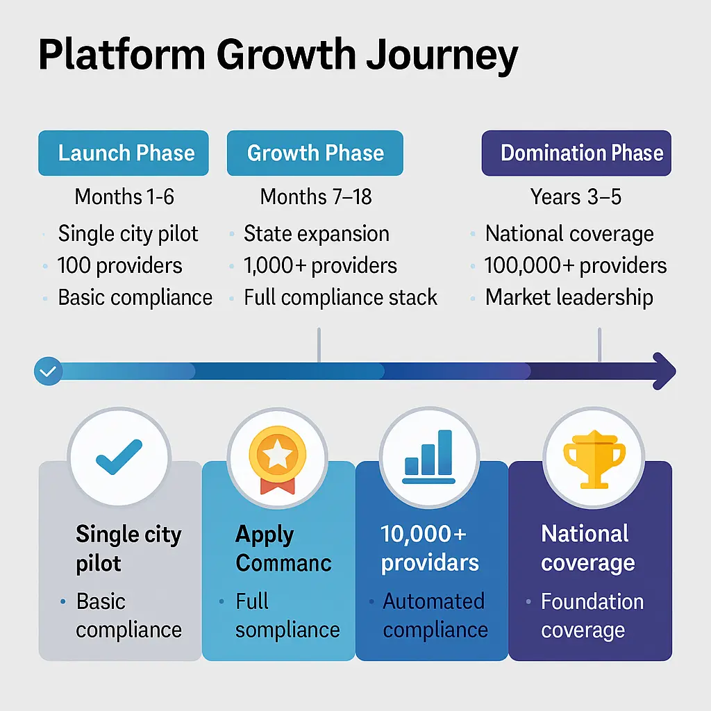 Platform Growth Journey infographic showing four phases on a horizontal timeline: Launch, Growth, Scale, and Domination with milestone icons.