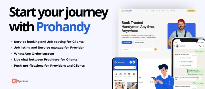 Screenshot of Prohandy on‑demand home service marketplace platform mobile interface showing featured services and search bar