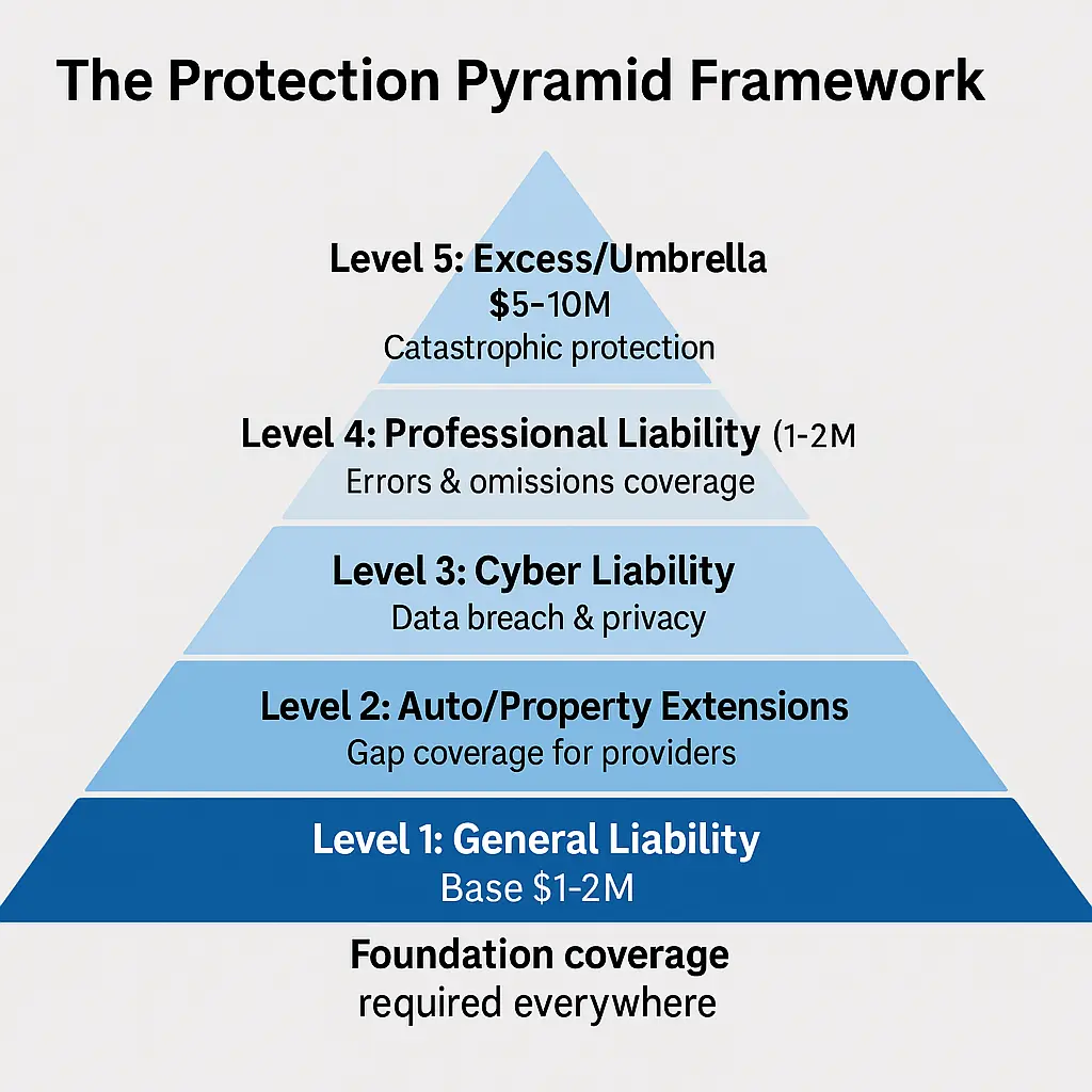 The Protection Pyramid Framework infographic with all text fully contained within the pyramid layers, showing five levels of insurance coverage for American on-demand service marketplace