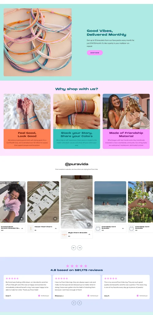 Pura Vida Bracelets homepage showing 5-star reviews, Instagram user-generated content, and 285,172 customer reviews for social proof