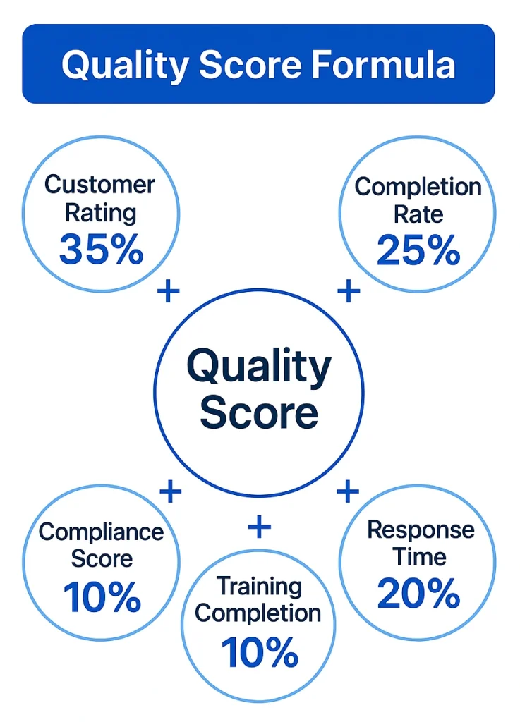 Blue-themed infographic showing Quality Score as a weighted sum: Customer Rating 35%, Completion Rate 25%, Response Time 20%, Compliance Score 10%, Training Completion 10%.