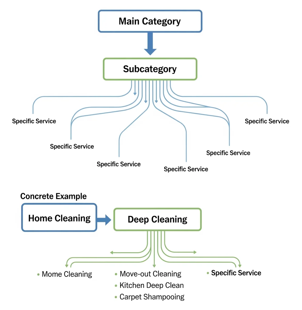 Flowchart showing how a main category breaks down into subcategories and multiple specific services, with an example of Home Cleaning leading to Deep Cleaning and services like move-out cleaning, kitchen deep clean, and carpet shampooing.