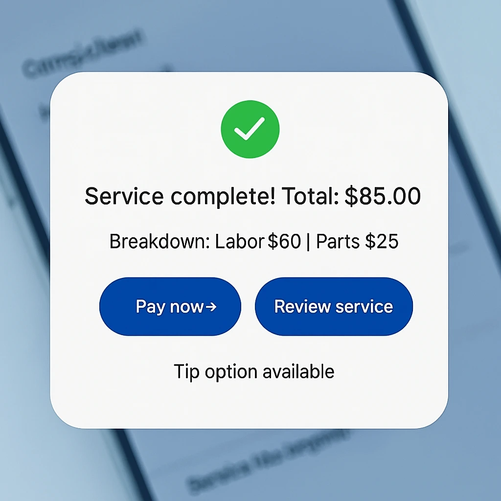 Notification card showing service completion with total $85, breakdown of labor and parts, and options to pay now, review service, and add a tip.