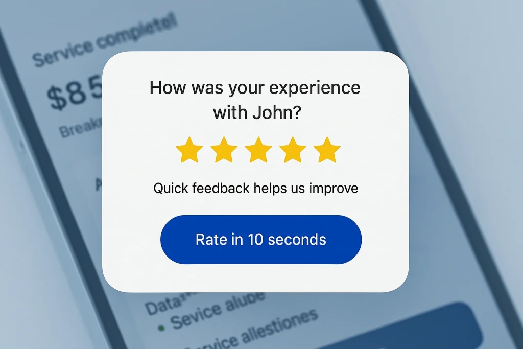 Notification card asking how the experience with John was, showing a five-star rating option, quick feedback note, and a blue button to rate in 10 seconds.