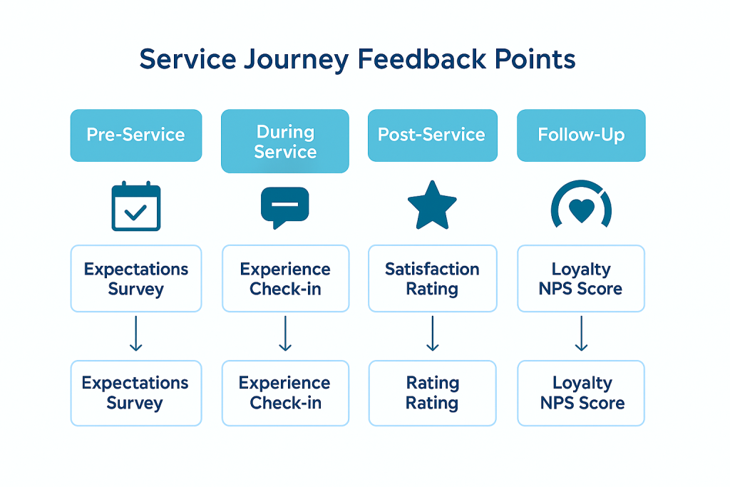 Blue-themed flowchart showing Pre-Service, During Service, Post-Service, and Follow-Up with corresponding feedback types: Expectations Survey, Experience Check-in, Satisfaction Rating, and Loyalty NPS Score.