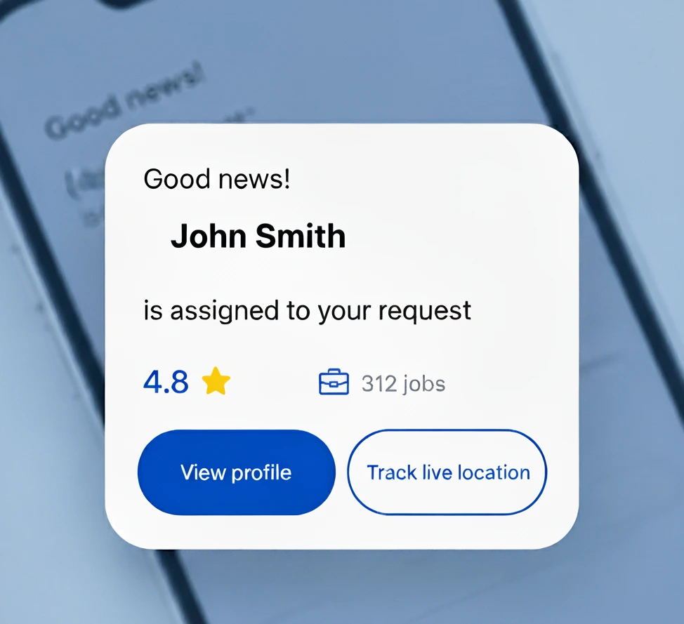 Notification card showing John Smith assigned with rating, jobs completed, and buttons for viewing profile or tracking live location.