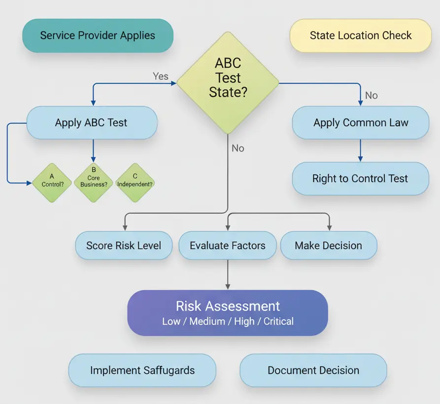 Flowchart showing service provider classification process including ABC Test and Common Law pathways leading to classification, risk assessment, safeguards, and documentation.