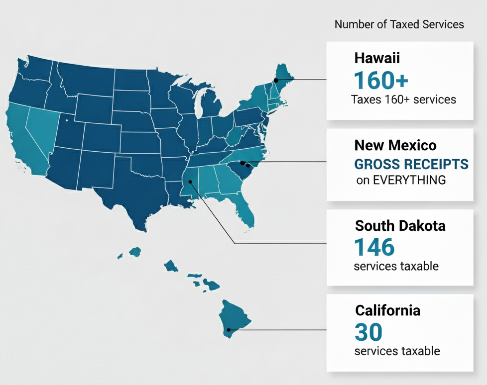 US map infographic titled Service Taxation Spectrum highlighting Hawaii, New Mexico, South Dakota, and California with service tax details in large colored boxes.
