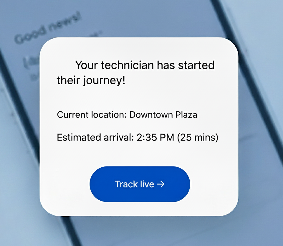 Notification card showing that a technician has started their journey with current location, estimated arrival time, and a track live button.