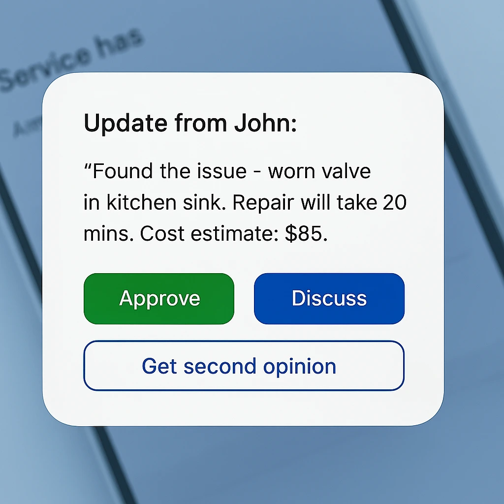Notification card showing technician’s repair update with three buttons: Approve in green, Discuss in blue, and Get second opinion in outlined style.