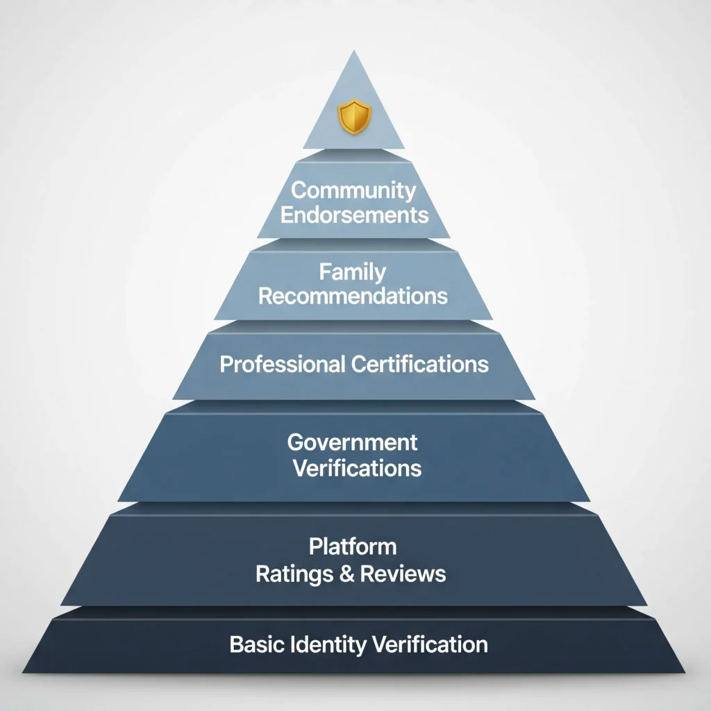 Pyramid diagram from base to top: Basic Identity Verification, Platform Ratings & Reviews, Government Verifications, Professional Certifications, Family Recommendations, and Community Endorsements.