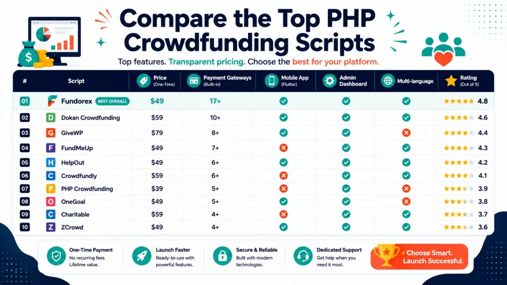 Comparison scorecard of the best PHP crowdfunding scripts