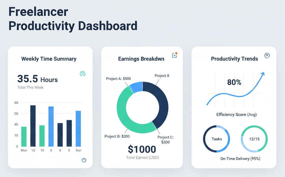 Freelancer dashboard showing weekly time summary, earnings breakdown, and productivity trends