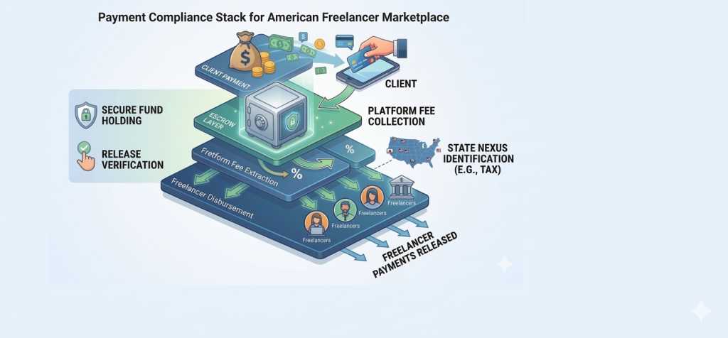payment processing compliance stack American freelancer marketplace regulations escrow MSB