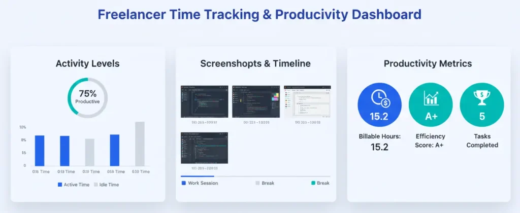 Time tracking dashboard with activity levels, screenshots, and productivity metrics