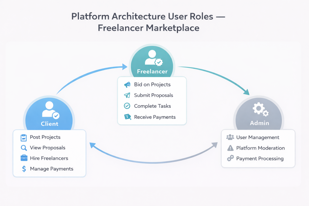 freelancer hiring marketplace development user roles and platform architecture diagram