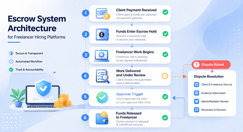 escrow payment systems freelancer platforms architecture fund holding release trigger flow