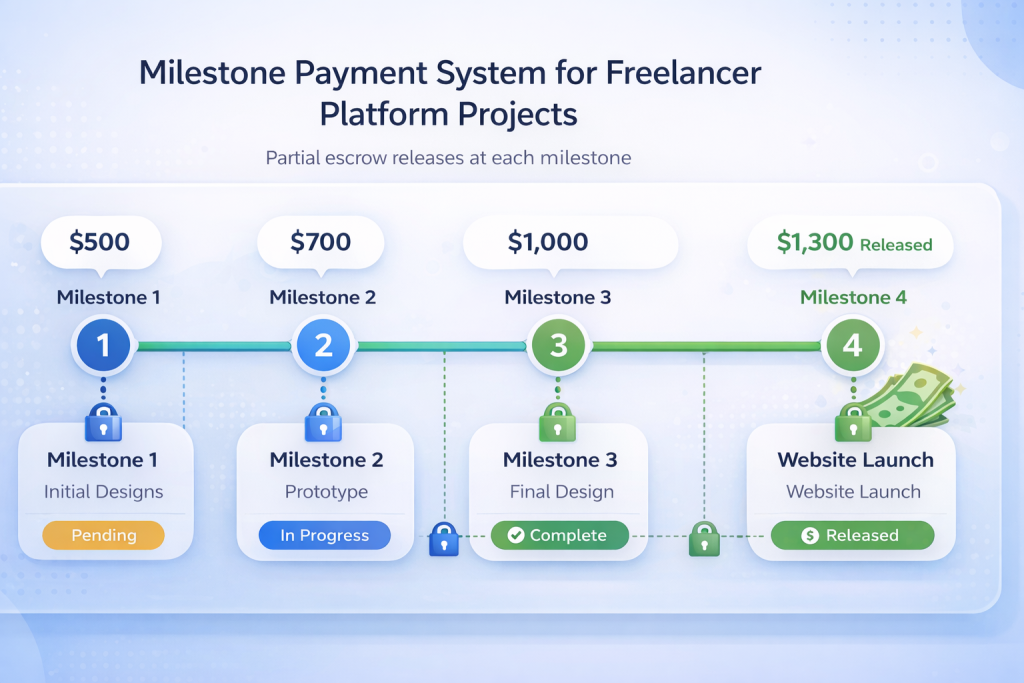 escrow payment systems freelancer platforms milestone payment schedule project phases 