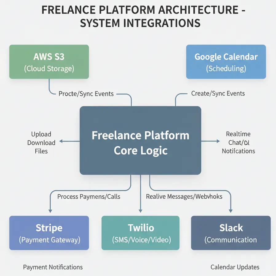 Architecture diagram showing platform integrations with payment, communication, storage, and calendar systems