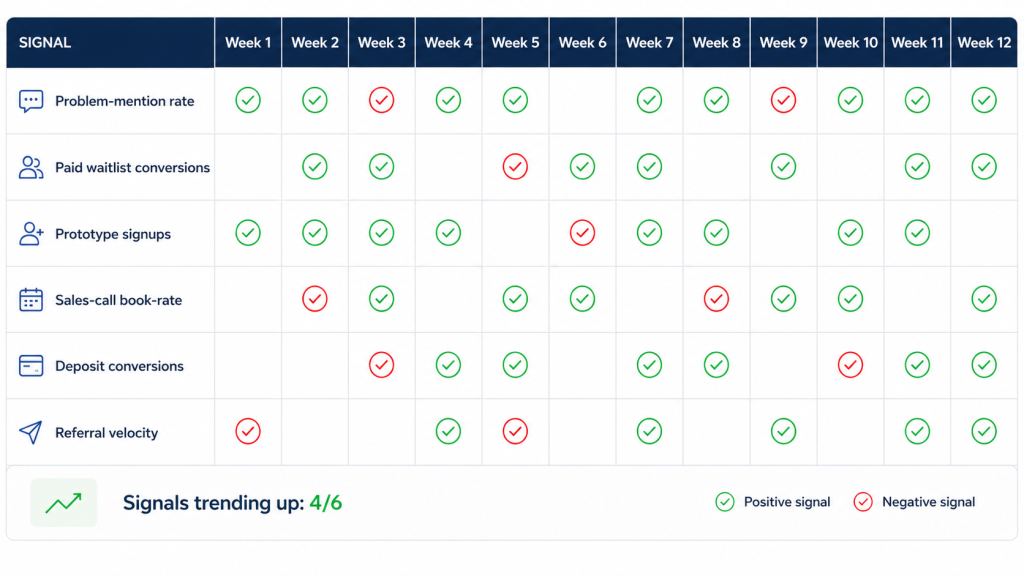 90-Day Traction Ledger template tracking six weekly signals for SaaS validation before code